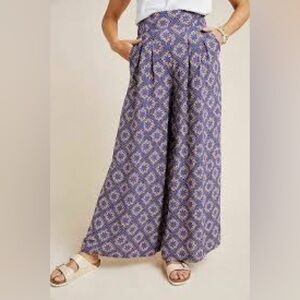 Maeve Anthropologie Terrace Floral Palazzo Pants Blue Wide Leg Sz 14